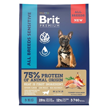 Брит Premium Dog Sensitive. с лососем и инд. д/взр. собак всех пород с чувств. пищевар,3 кг, 5063208