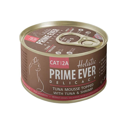 Prime Ever 2A Delicacy Мусс тунец с креветками влажный корм для кошек жестяная банка 0,08 кг