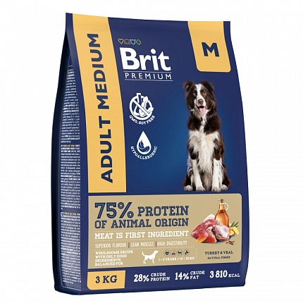 BRIT PREMIUM, Сухой корм с индейкой и телятиной для собак "Dog Adult Medium",1 кг, 5063154