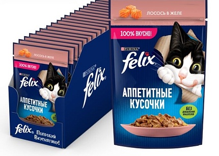 Felix 75 г пауч влажный корм для кошек аппетитные кусочки в желе двойная вкуснятина с лососем и форе