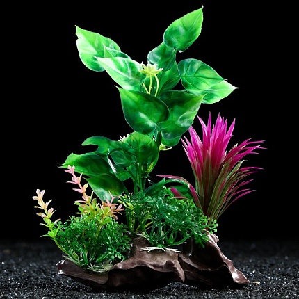 Растение искусственное аквариумное на платформе в виде коряги, 18 см, зелёное   6886564   