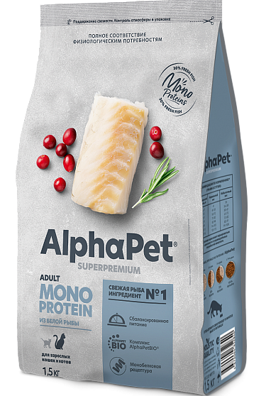 ALPHAPET SUPERPREMIUM MONOPROTEIN 400 гр сухой корм для взрослых кошек из белой рыбы 1х14