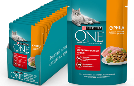 Purina ONE 75 г пауч влажный  корм для стерилизованных кошек с курицей и зеленой фасолью 1х26