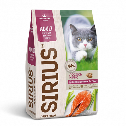 SIRIUS 1,5 кг сухой корм для взрослых кошек лосось и рис 1х6
