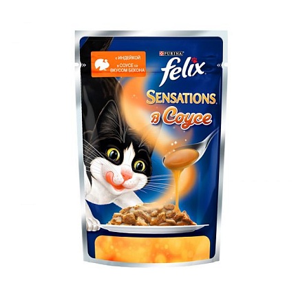 Felix Sensations 75 г пауч консервы в удивительном соусе для кошек, индейка с беконом 1х26