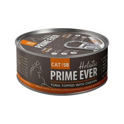 Prime Ever 5B Тунец с цыпленком в желе влажный корм для кошек жестяная банка 0,08 кг