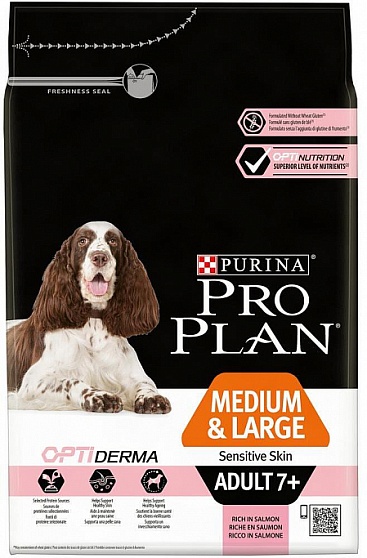 PRO PLAN "Adult 7+ Medium&Large Sensitive Skin" с комплексом OPTIDERMA сухой 3 кг для собак старше 7