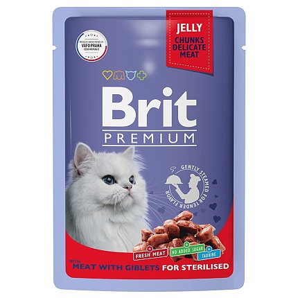Брит Premium Пауч для взрослых стерилизованных кошек мясное ассорти с потрошками в желе 85г 5050222 