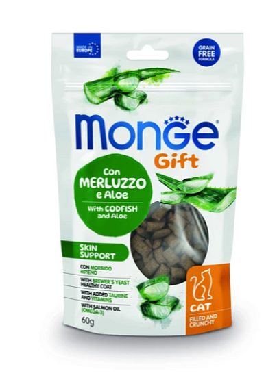 Лакомство Monge Gift Skin support для кошек "Хрустящие подушечки с начинкой" с треской и алоэ вера д