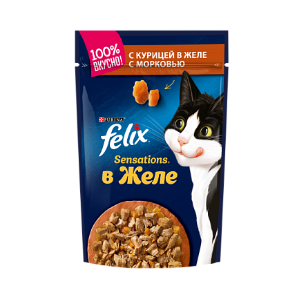 Felix Sensations 75 г пауч консервы для кошек, с курицей в желе с морковью 1х26