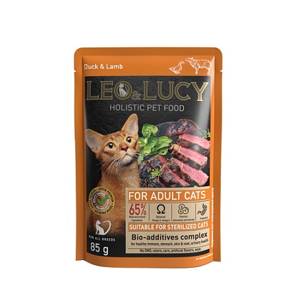 LEO&LUCY Holistic Конс.полнорационный корм для взрослых кошек с уткой, ягненком и биодобавками, кусо