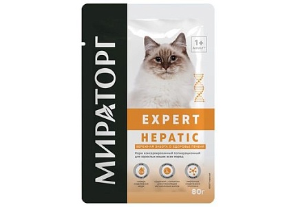 АКЦИЯ - 35% МИРАТОРГ Expert Hepatic 80 г пауч консервы для взрослых кошек всех пород бережная забота